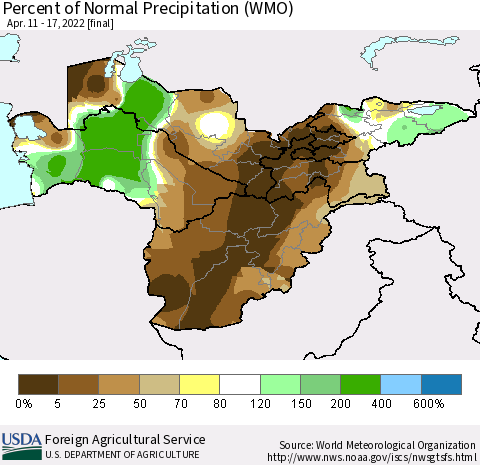 Central Asia Percent of Normal Precipitation (WMO) Thematic Map For 4/11/2022 - 4/17/2022