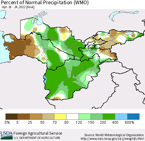 Central Asia Percent of Normal Precipitation (WMO) Thematic Map For 4/18/2022 - 4/24/2022