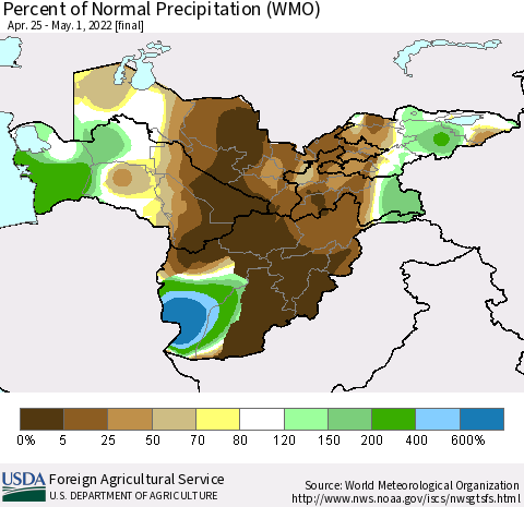 Central Asia Percent of Normal Precipitation (WMO) Thematic Map For 4/25/2022 - 5/1/2022