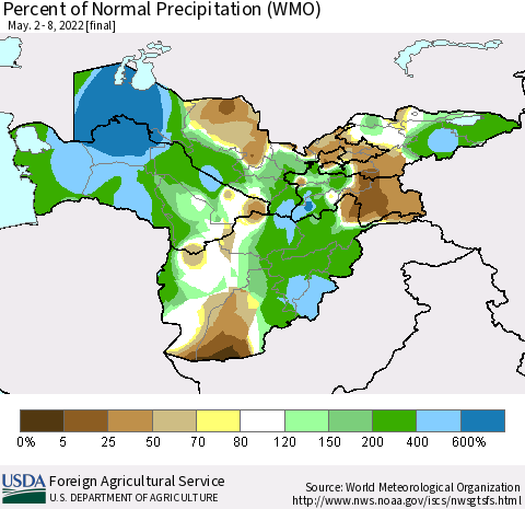 Central Asia Percent of Normal Precipitation (WMO) Thematic Map For 5/2/2022 - 5/8/2022