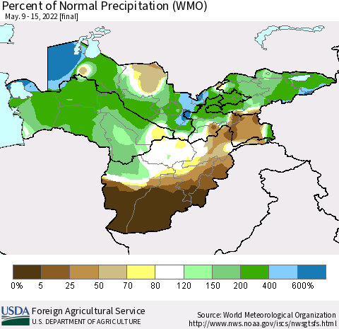 Central Asia Percent of Normal Precipitation (WMO) Thematic Map For 5/9/2022 - 5/15/2022