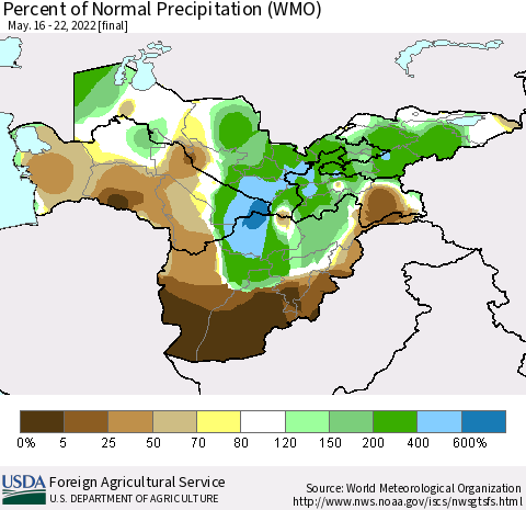 Central Asia Percent of Normal Precipitation (WMO) Thematic Map For 5/16/2022 - 5/22/2022