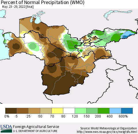 Central Asia Percent of Normal Precipitation (WMO) Thematic Map For 5/23/2022 - 5/29/2022