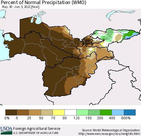 Central Asia Percent of Normal Precipitation (WMO) Thematic Map For 5/30/2022 - 6/5/2022