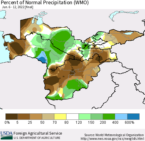 Central Asia Percent of Normal Precipitation (WMO) Thematic Map For 6/6/2022 - 6/12/2022