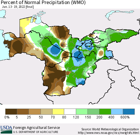 Central Asia Percent of Normal Precipitation (WMO) Thematic Map For 6/13/2022 - 6/19/2022