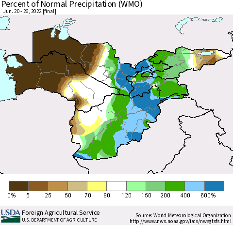Central Asia Percent of Normal Precipitation (WMO) Thematic Map For 6/20/2022 - 6/26/2022