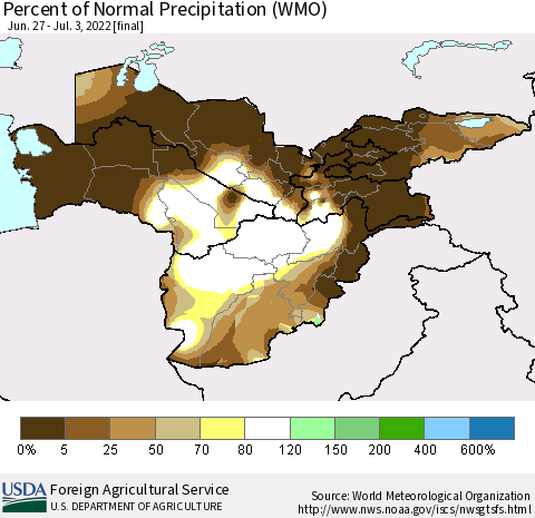 Central Asia Percent of Normal Precipitation (WMO) Thematic Map For 6/27/2022 - 7/3/2022