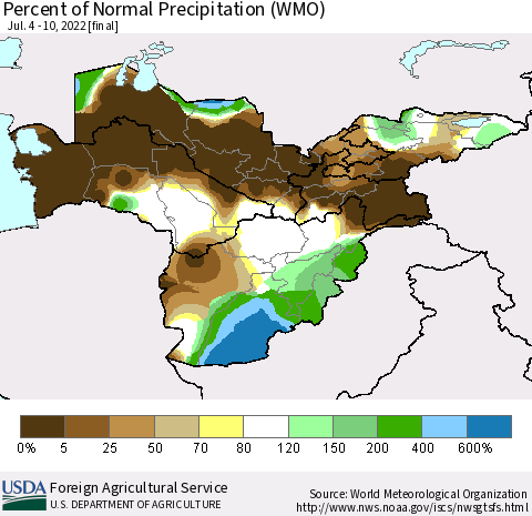 Central Asia Percent of Normal Precipitation (WMO) Thematic Map For 7/4/2022 - 7/10/2022