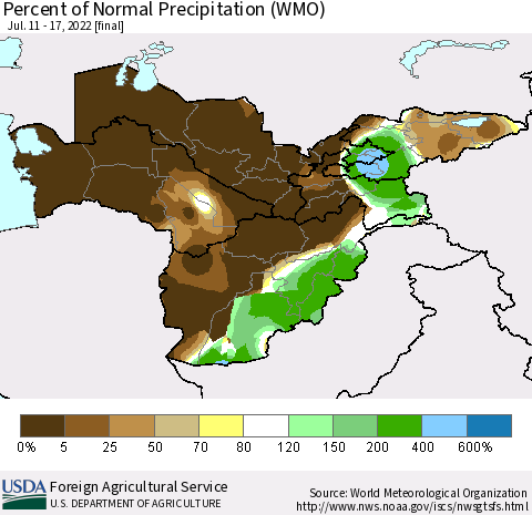 Central Asia Percent of Normal Precipitation (WMO) Thematic Map For 7/11/2022 - 7/17/2022