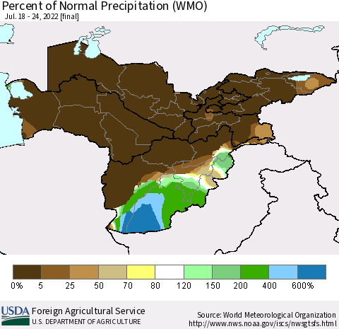 Central Asia Percent of Normal Precipitation (WMO) Thematic Map For 7/18/2022 - 7/24/2022