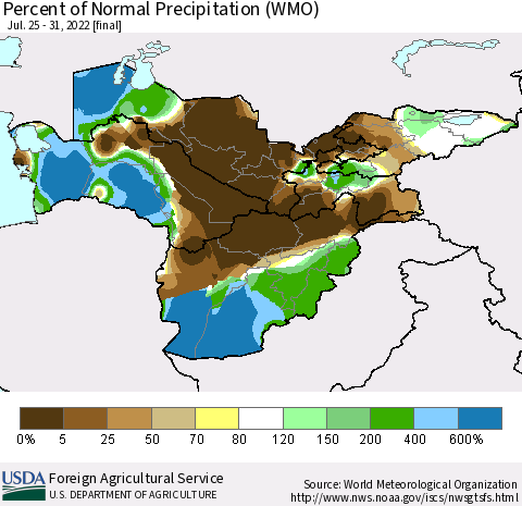 Central Asia Percent of Normal Precipitation (WMO) Thematic Map For 7/25/2022 - 7/31/2022