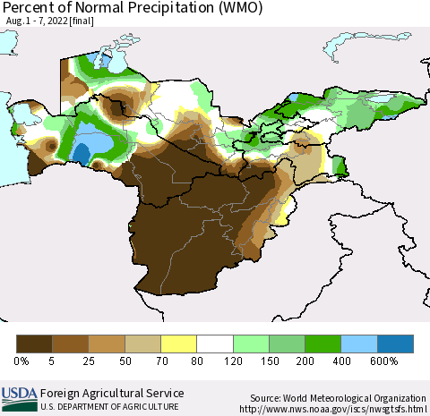 Central Asia Percent of Normal Precipitation (WMO) Thematic Map For 8/1/2022 - 8/7/2022