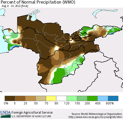 Central Asia Percent of Normal Precipitation (WMO) Thematic Map For 8/8/2022 - 8/14/2022