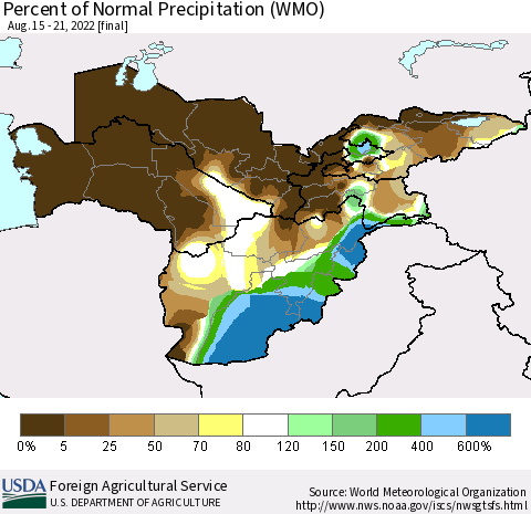 Central Asia Percent of Normal Precipitation (WMO) Thematic Map For 8/15/2022 - 8/21/2022