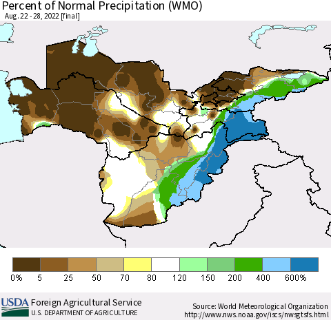 Central Asia Percent of Normal Precipitation (WMO) Thematic Map For 8/22/2022 - 8/28/2022