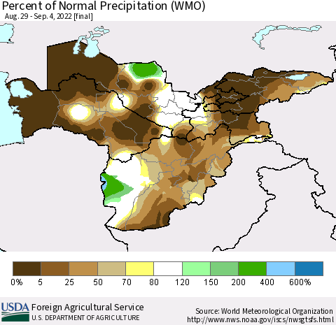 Central Asia Percent of Normal Precipitation (WMO) Thematic Map For 8/29/2022 - 9/4/2022
