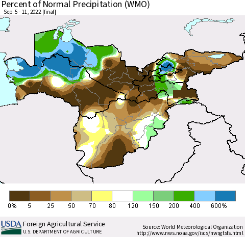Central Asia Percent of Normal Precipitation (WMO) Thematic Map For 9/5/2022 - 9/11/2022
