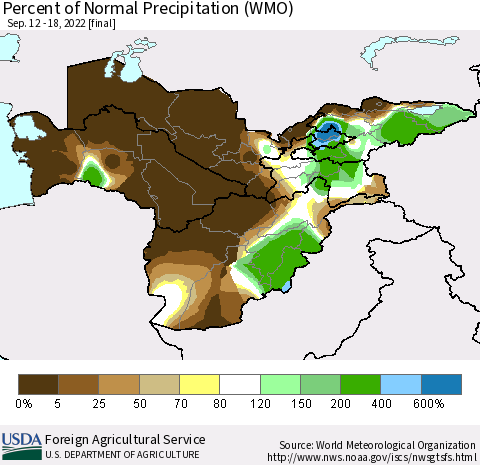 Central Asia Percent of Normal Precipitation (WMO) Thematic Map For 9/12/2022 - 9/18/2022