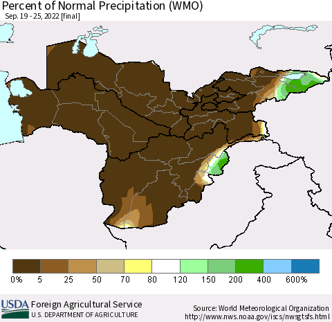 Central Asia Percent of Normal Precipitation (WMO) Thematic Map For 9/19/2022 - 9/25/2022
