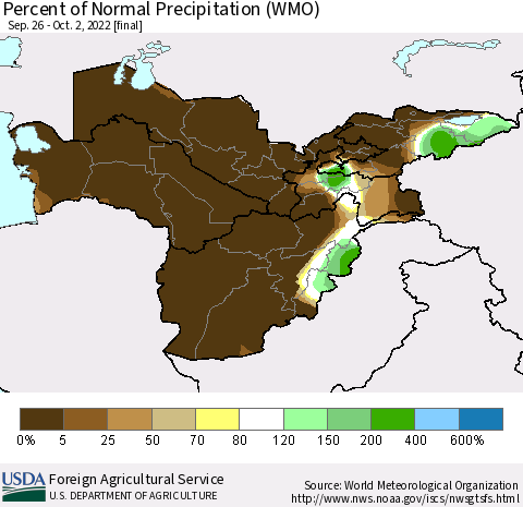 Central Asia Percent of Normal Precipitation (WMO) Thematic Map For 9/26/2022 - 10/2/2022