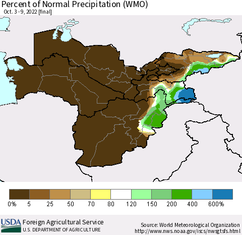 Central Asia Percent of Normal Precipitation (WMO) Thematic Map For 10/3/2022 - 10/9/2022