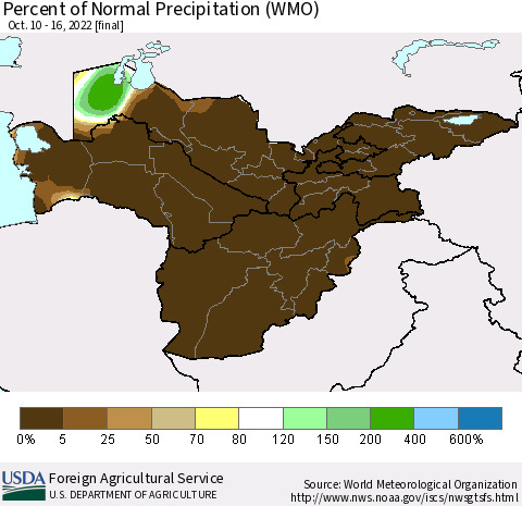 Central Asia Percent of Normal Precipitation (WMO) Thematic Map For 10/10/2022 - 10/16/2022