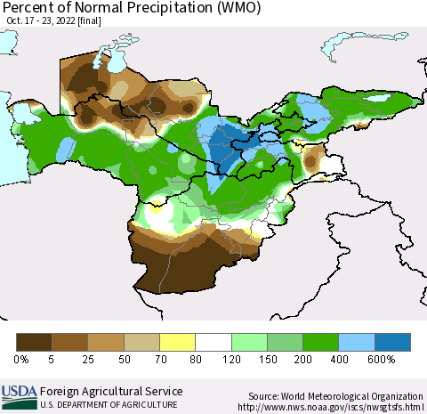 Central Asia Percent of Normal Precipitation (WMO) Thematic Map For 10/17/2022 - 10/23/2022