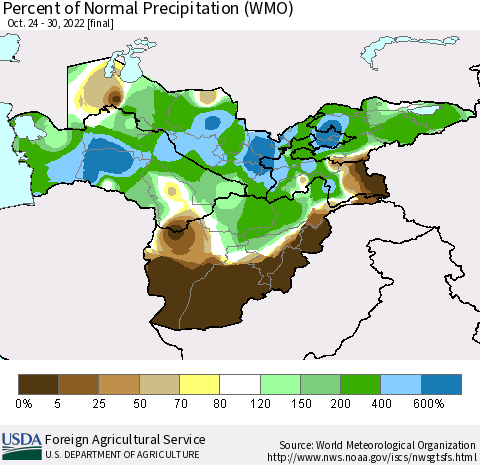 Central Asia Percent of Normal Precipitation (WMO) Thematic Map For 10/24/2022 - 10/30/2022