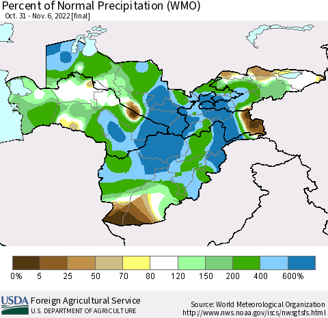 Central Asia Percent of Normal Precipitation (WMO) Thematic Map For 10/31/2022 - 11/6/2022
