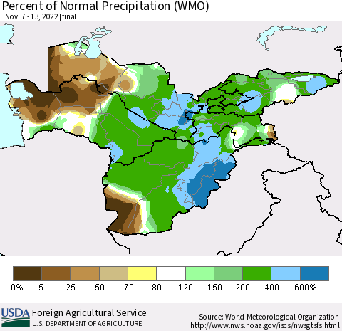 Central Asia Percent of Normal Precipitation (WMO) Thematic Map For 11/7/2022 - 11/13/2022