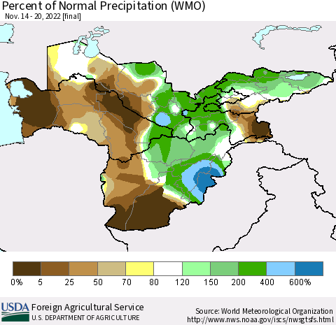 Central Asia Percent of Normal Precipitation (WMO) Thematic Map For 11/14/2022 - 11/20/2022