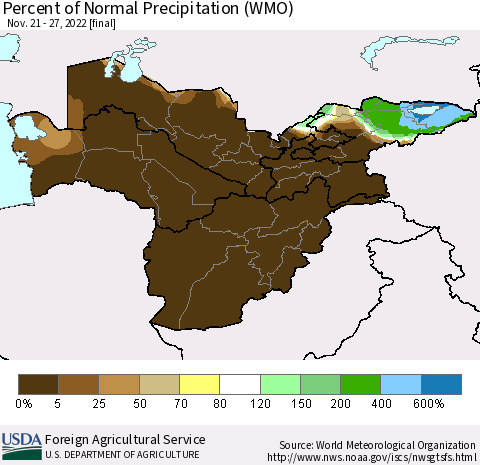 Central Asia Percent of Normal Precipitation (WMO) Thematic Map For 11/21/2022 - 11/27/2022