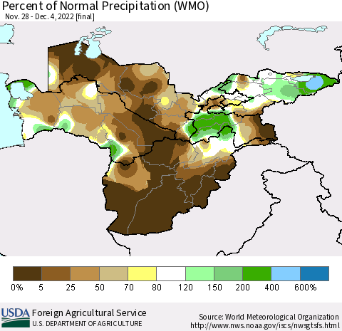Central Asia Percent of Normal Precipitation (WMO) Thematic Map For 11/28/2022 - 12/4/2022