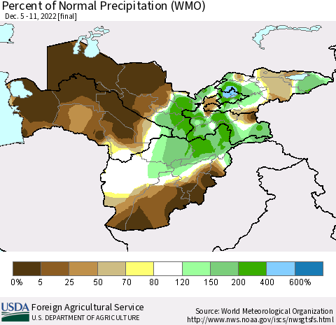 Central Asia Percent of Normal Precipitation (WMO) Thematic Map For 12/5/2022 - 12/11/2022