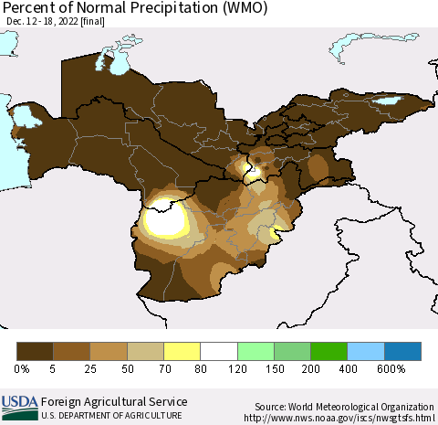 Central Asia Percent of Normal Precipitation (WMO) Thematic Map For 12/12/2022 - 12/18/2022