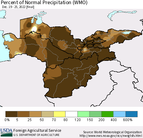 Central Asia Percent of Normal Precipitation (WMO) Thematic Map For 12/19/2022 - 12/25/2022