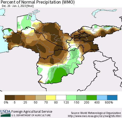 Central Asia Percent of Normal Precipitation (WMO) Thematic Map For 12/26/2022 - 1/1/2023