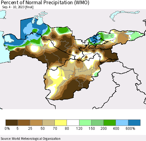 Central Asia Percent of Normal Precipitation (WMO) Thematic Map For 9/4/2023 - 9/10/2023