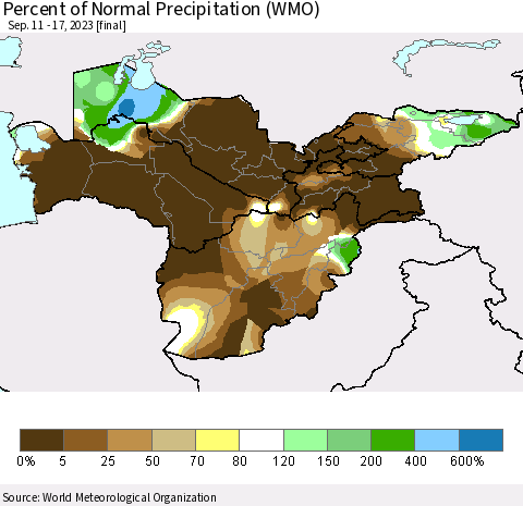 Central Asia Percent of Normal Precipitation (WMO) Thematic Map For 9/11/2023 - 9/17/2023