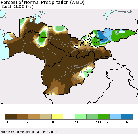 Central Asia Percent of Normal Precipitation (WMO) Thematic Map For 9/18/2023 - 9/24/2023