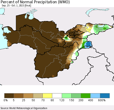 Central Asia Percent of Normal Precipitation (WMO) Thematic Map For 9/25/2023 - 10/1/2023