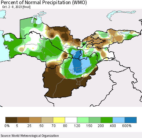 Central Asia Percent of Normal Precipitation (WMO) Thematic Map For 10/2/2023 - 10/8/2023