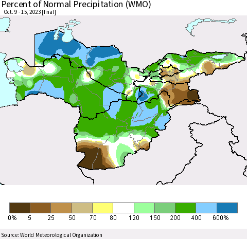 Central Asia Percent of Normal Precipitation (WMO) Thematic Map For 10/9/2023 - 10/15/2023