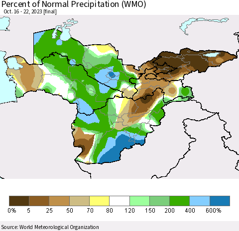 Central Asia Percent of Normal Precipitation (WMO) Thematic Map For 10/16/2023 - 10/22/2023