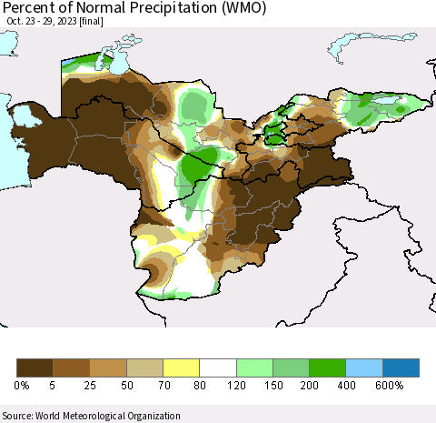 Central Asia Percent of Normal Precipitation (WMO) Thematic Map For 10/23/2023 - 10/29/2023