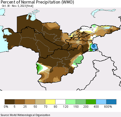 Central Asia Percent of Normal Precipitation (WMO) Thematic Map For 10/30/2023 - 11/5/2023