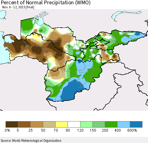 Central Asia Percent of Normal Precipitation (WMO) Thematic Map For 11/6/2023 - 11/12/2023