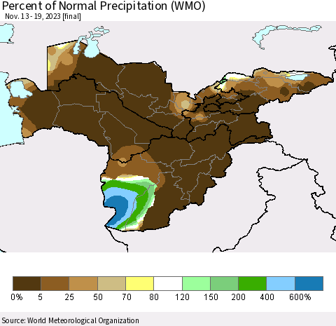 Central Asia Percent of Normal Precipitation (WMO) Thematic Map For 11/13/2023 - 11/19/2023