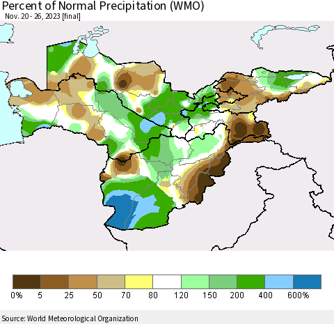 Central Asia Percent of Normal Precipitation (WMO) Thematic Map For 11/20/2023 - 11/26/2023